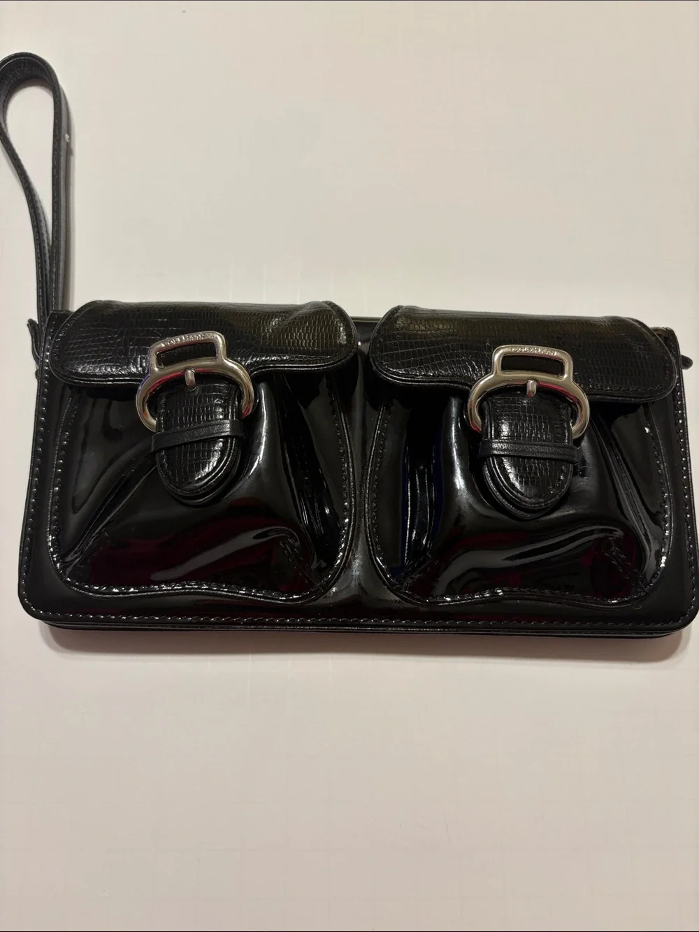 Cole Haan Black Patent Double-Pocket Wristlet Clutch